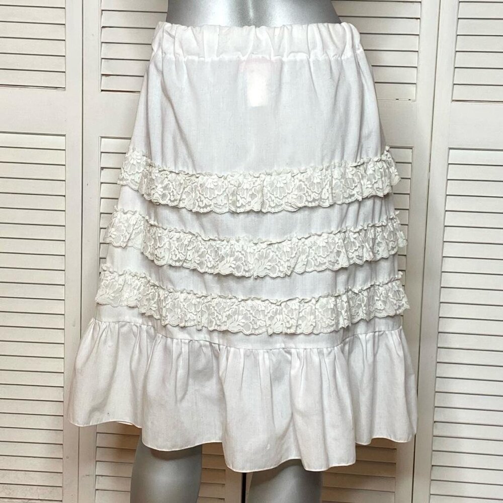 2000s JACKIE ROSE White Tiered Lace Trim Cotton Mid-Length Skirt France T2 S - Picture 5 of 8